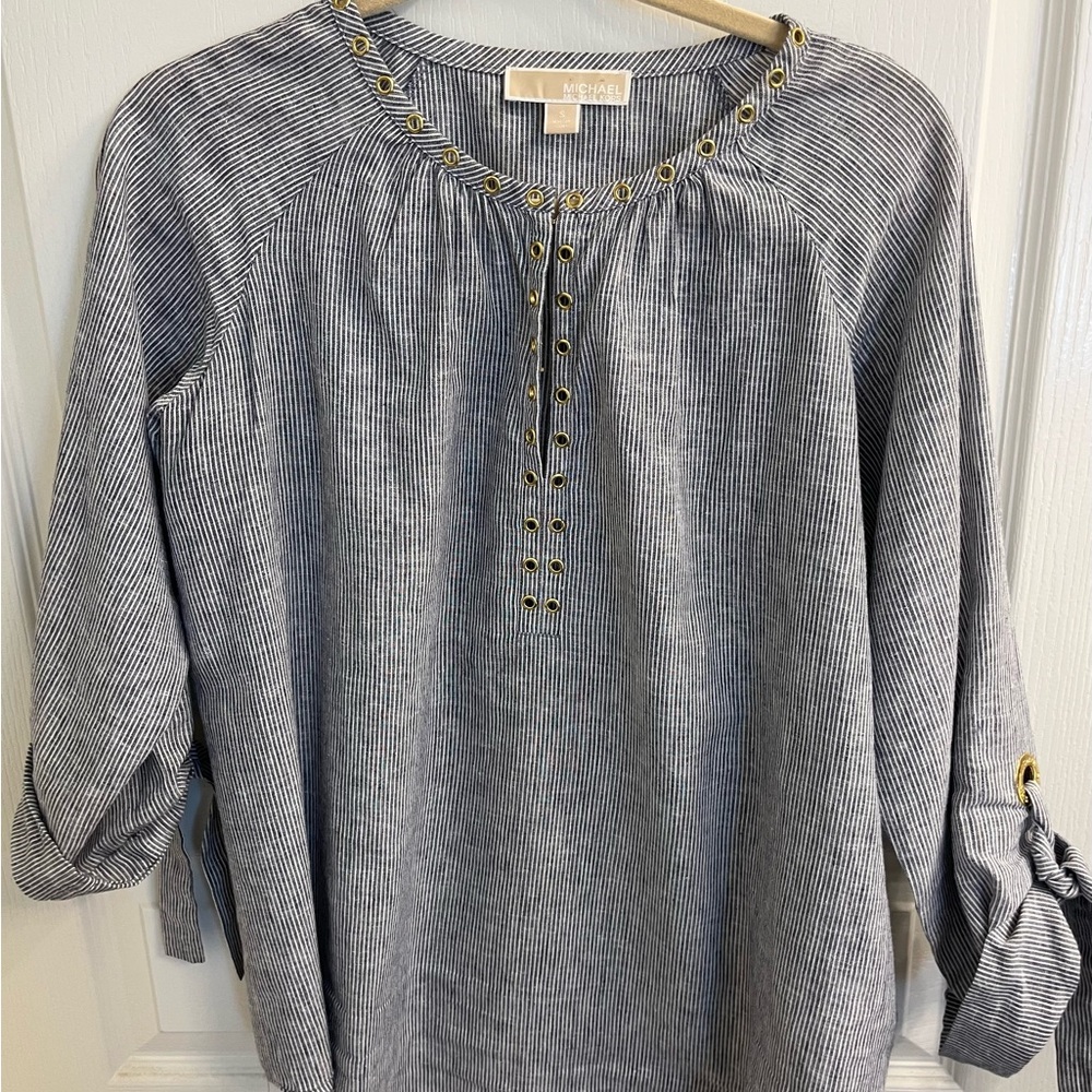 Michael Kors Navy and White Striped Linen Blouse with Grommet Accents SZ S